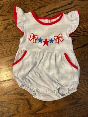 Blue White Striped Bubble with Red Trim and Bow Star Appliqué